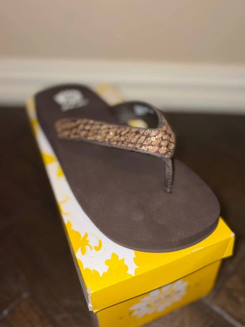 Yellow Box Brown Platform Flip Flop Sandals with Bronze Embellished Straps - Picture 1 of 4